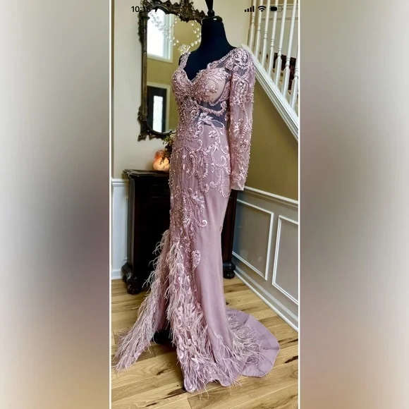 Portia and Scarlett Blush Long Sleeve Feather Fringed Embroidered Gown Size 6 - Picture 6 of 16